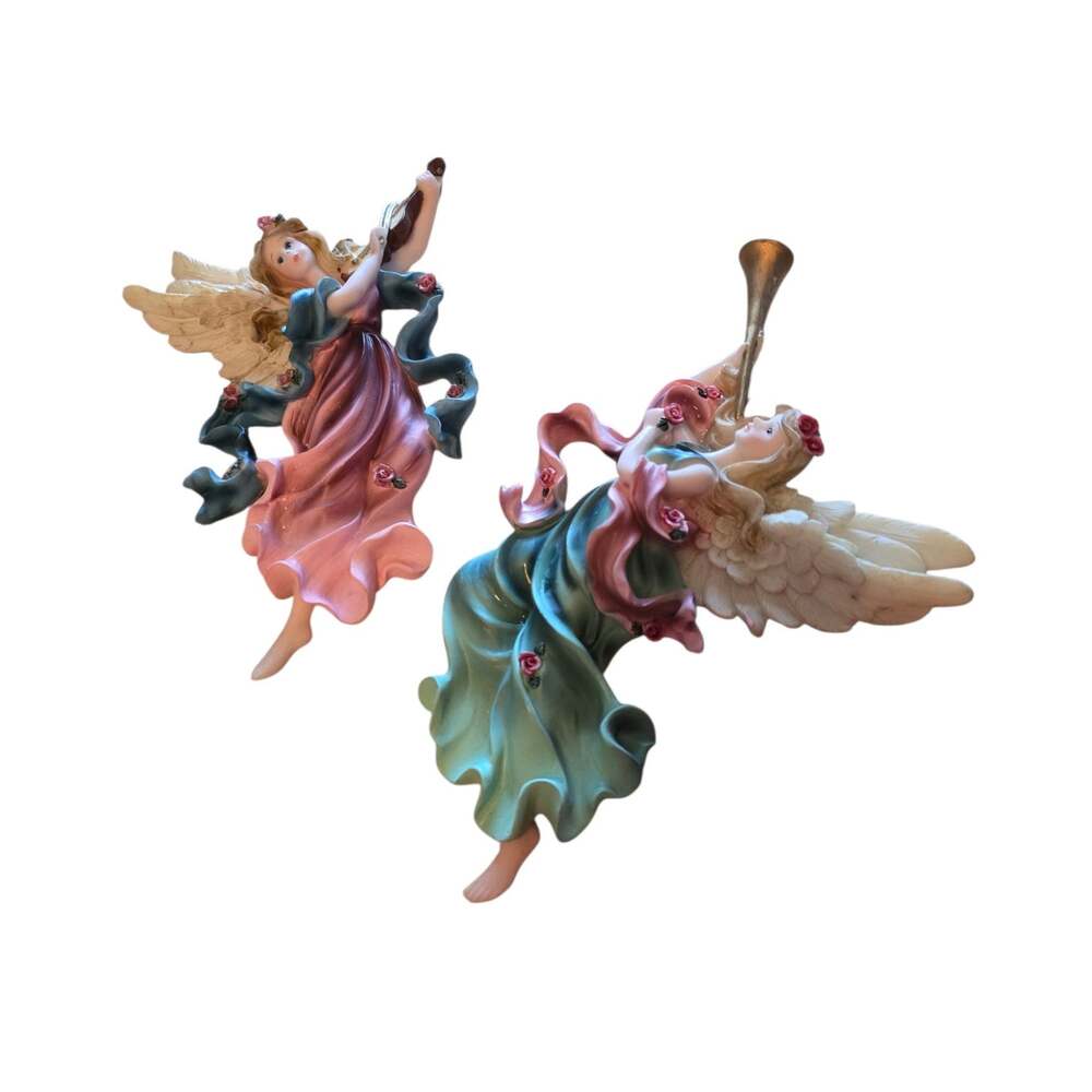 Vintage Trumpeting Angels Colorful Resin Wall Decor Approx. 9"" X 6"